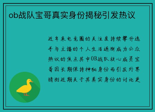 ob战队宝哥真实身份揭秘引发热议