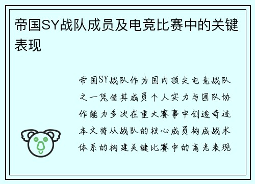 帝国SY战队成员及电竞比赛中的关键表现